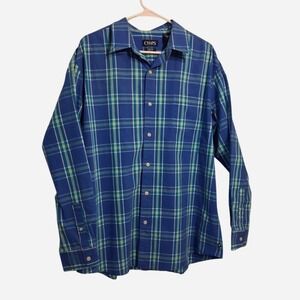 Chaps Mens Stretch Poplin Button Down Shirt Metro Blue Plaid XL Long Sleeve